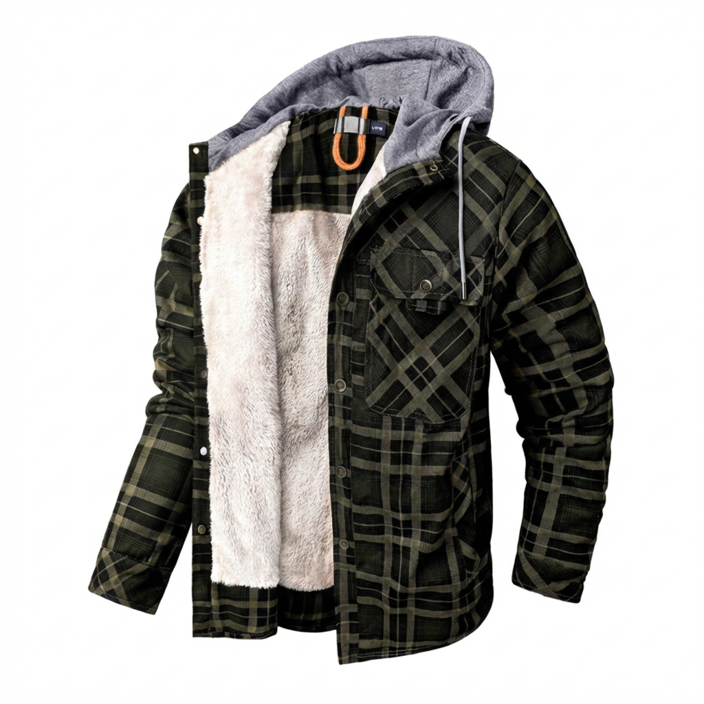 Men's Checked Hooded Jacket with Cozy Sherpa Lining