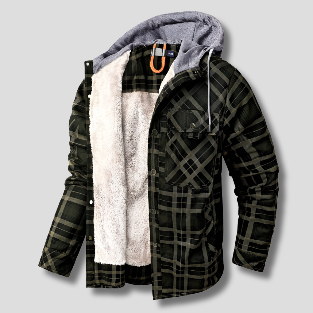 Men's Checked Hooded Jacket with Cozy Sherpa Lining
