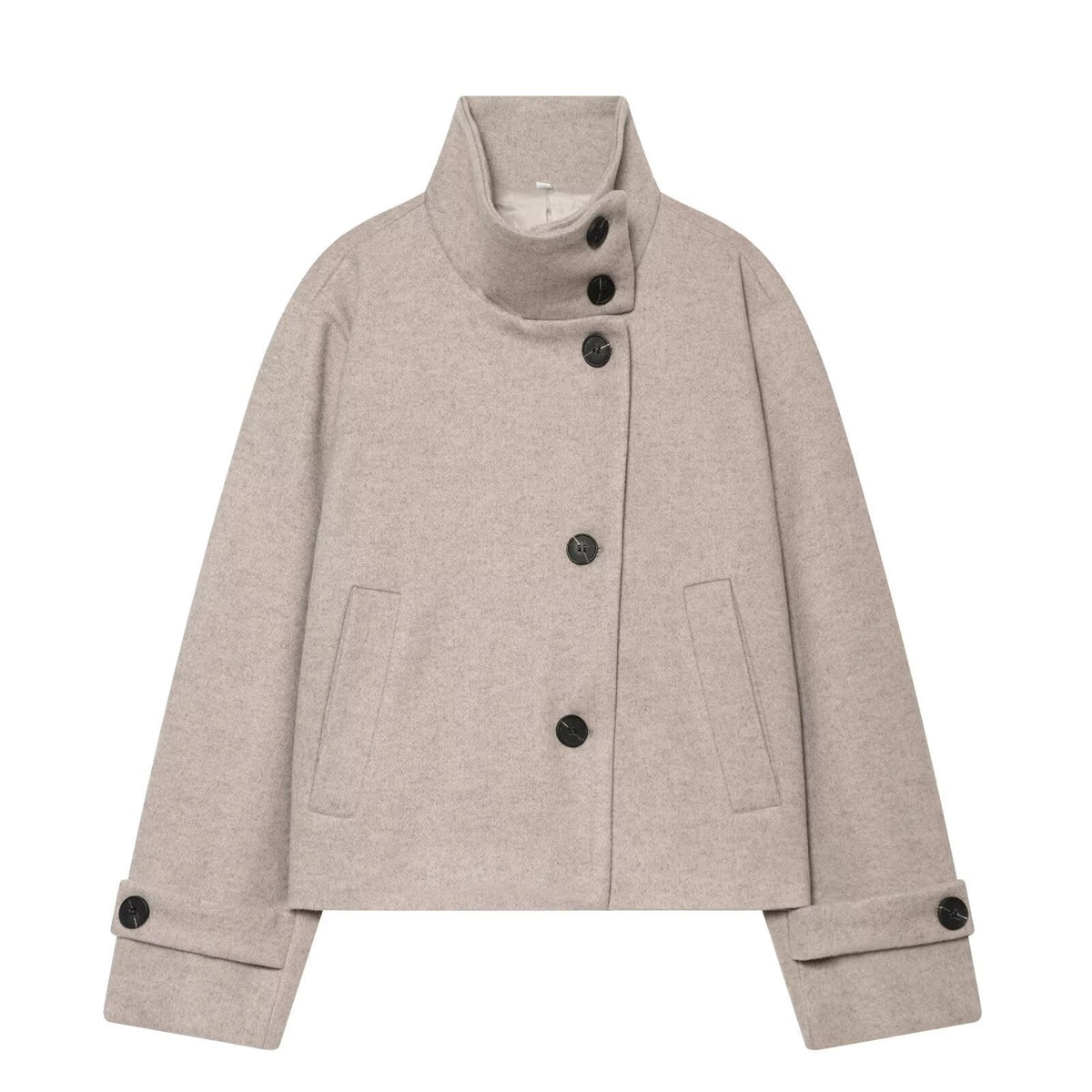 Women's Short Wool Jacket with High Collar, Buttoned Cuffs, and Pockets
