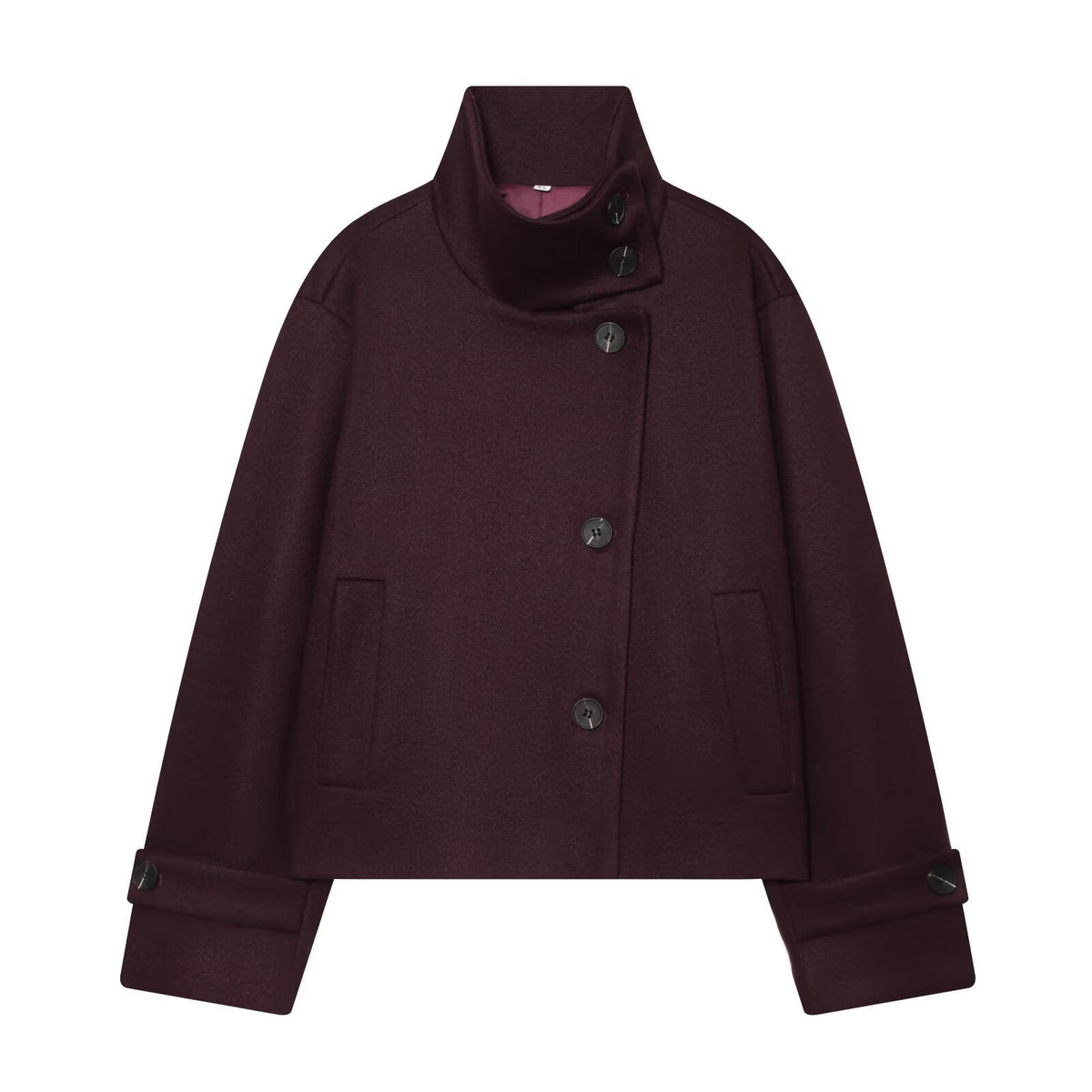 Women's Short Wool Jacket with High Collar, Buttoned Cuffs, and Pockets