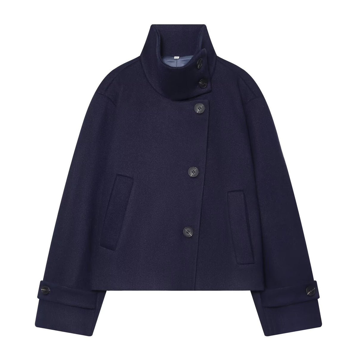 Women's Short Wool Jacket with High Collar, Buttoned Cuffs, and Pockets