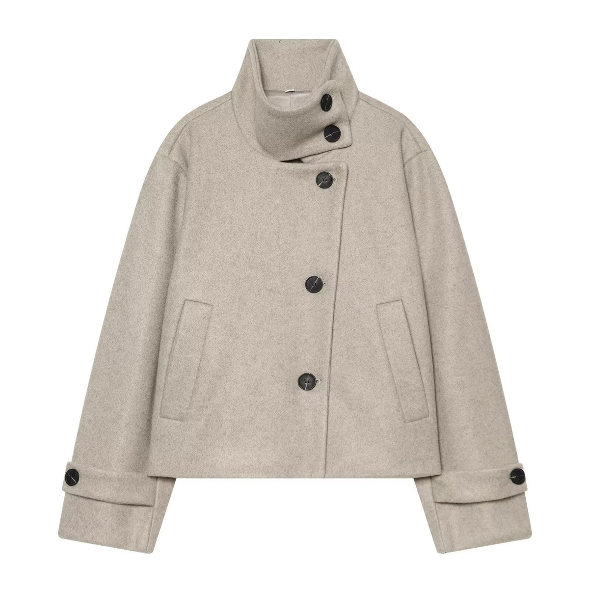 Women's Short Wool Jacket with High Collar, Buttoned Cuffs, and Pockets