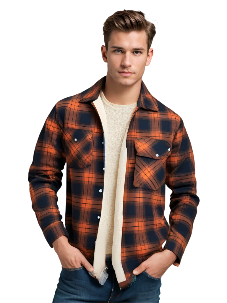Men's Plaid Winter Jacket with Fleece Lining and Button Closure