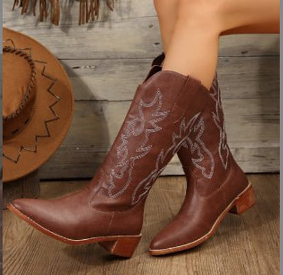 Embroidered Shaft Women's Western Boots with Block Heels