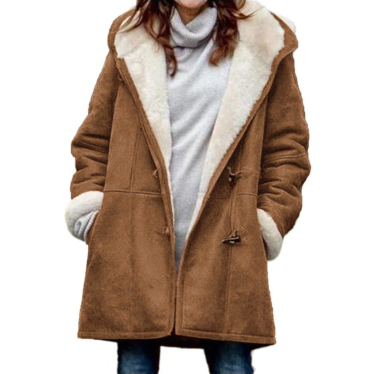 Cozy Ladies Duffle Coat with Hood and Warm Lining for Cold Days