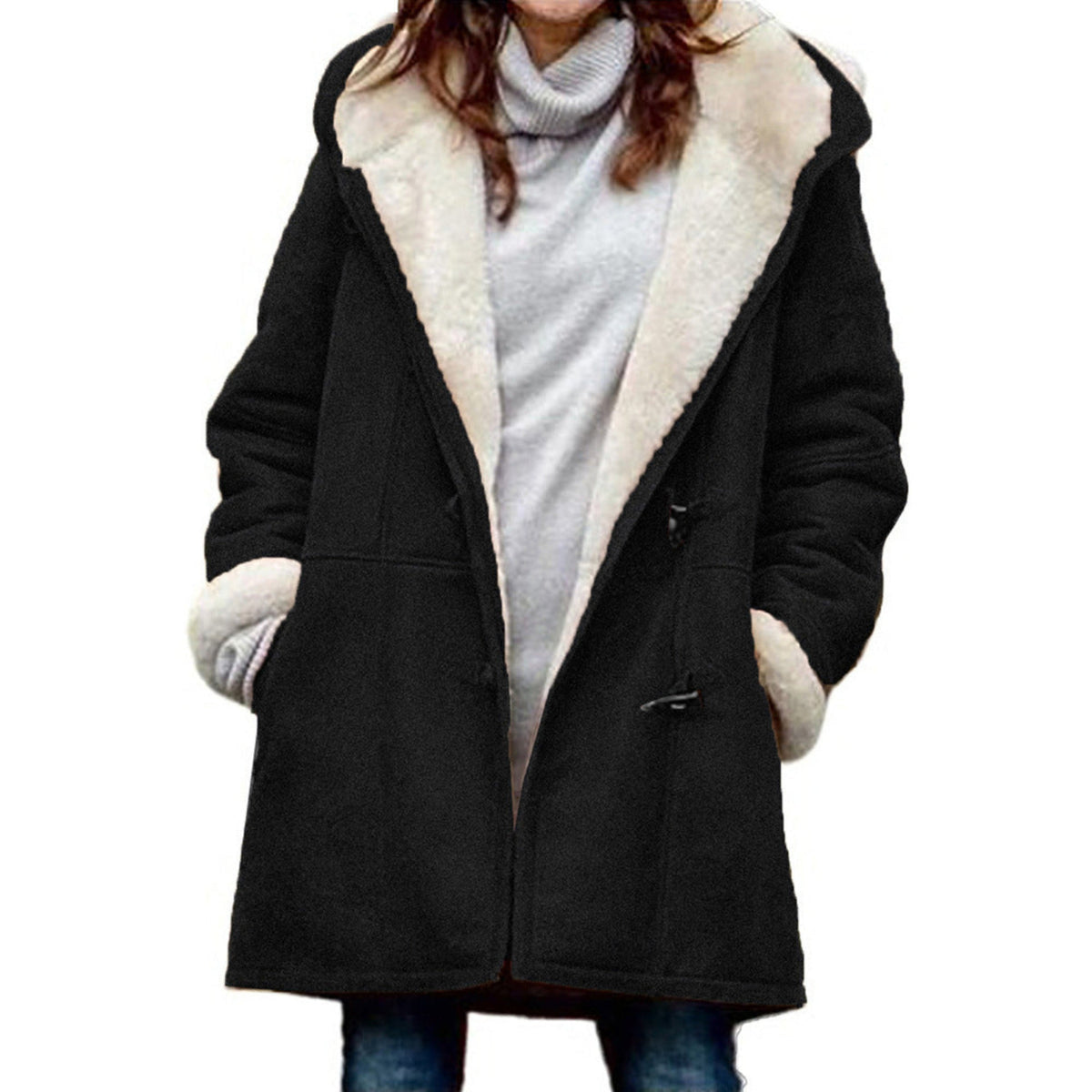 Cozy Ladies Duffle Coat with Hood and Warm Lining for Cold Days