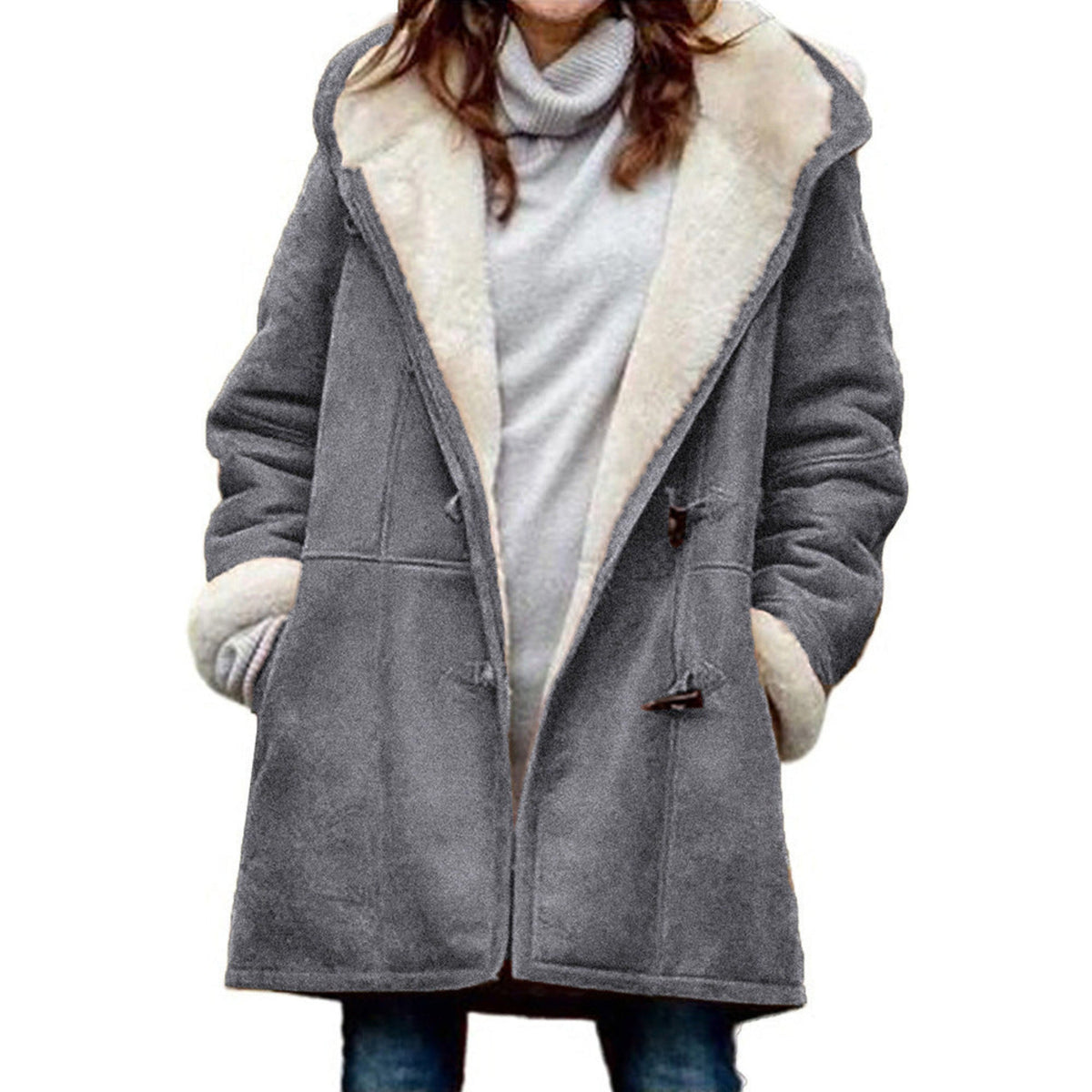 Cozy Ladies Duffle Coat with Hood and Warm Lining for Cold Days