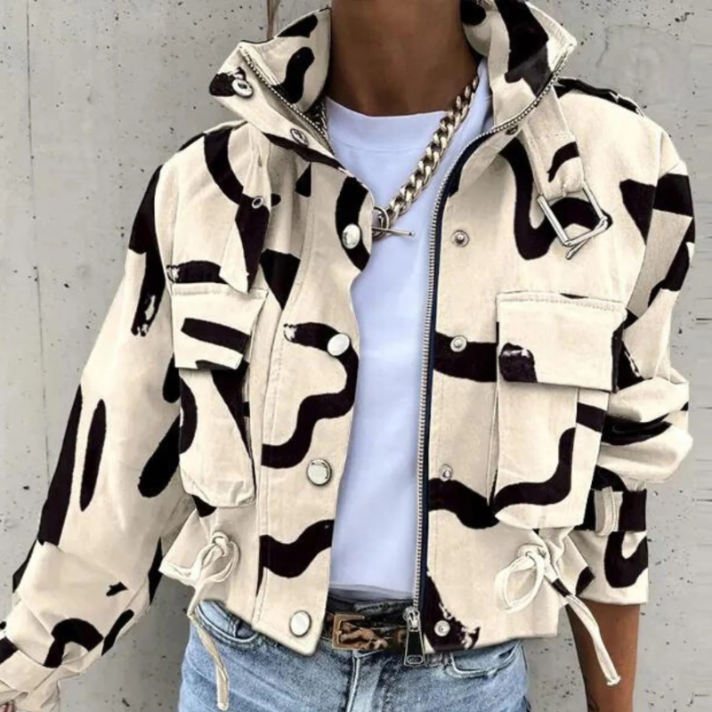 Cropped Bomber Jacket Ladies Stand-Up Collar Zip Casual