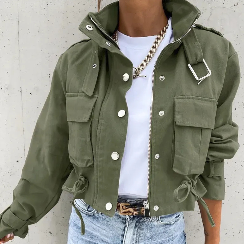 Cropped Bomber Jacket Ladies Stand-Up Collar Zip Casual