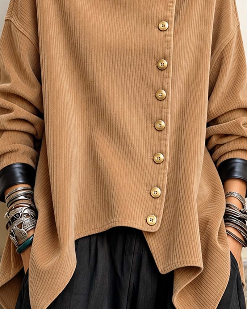Loose-Fit Diagonal Button Corduroy Top
