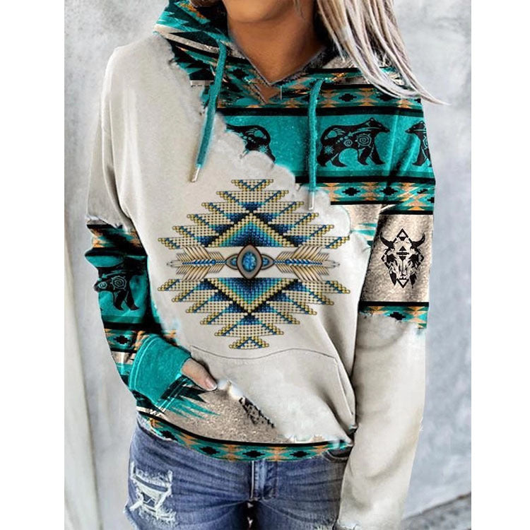 Ethnic Pattern Women's Hoodie with Oversized Hood and Ribbed Cuffs