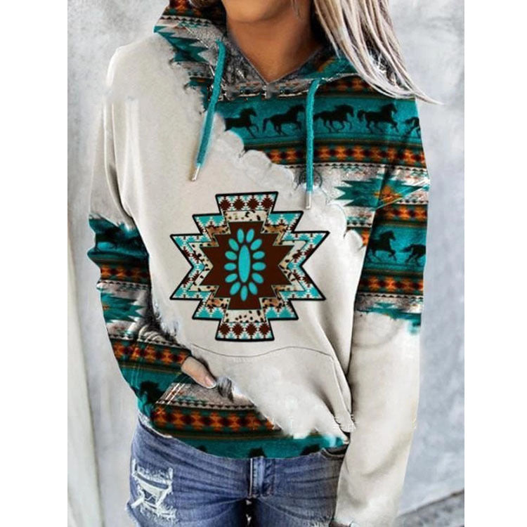 Ethnic Pattern Women's Hoodie with Oversized Hood and Ribbed Cuffs