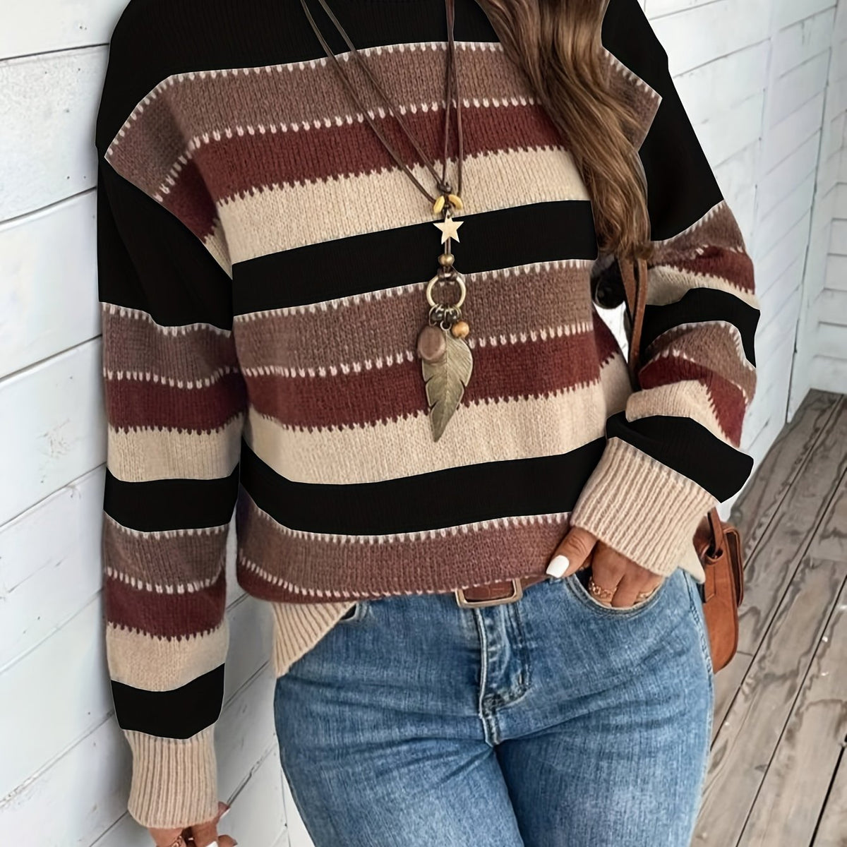 Women's Striped Knit Sweater with Round Neck and Ribbed Cuffs