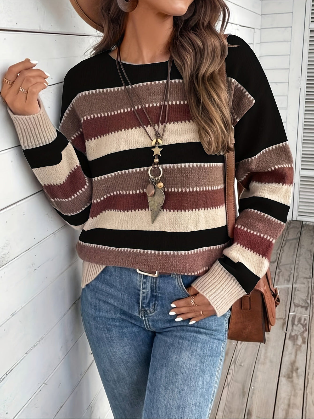 Women's Striped Knit Sweater with Round Neck and Ribbed Cuffs