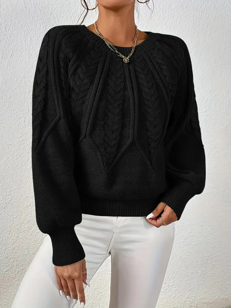 Plus Size Women's Oversized Cable Knit Sweater with Round Neck and Balloon Sleeves