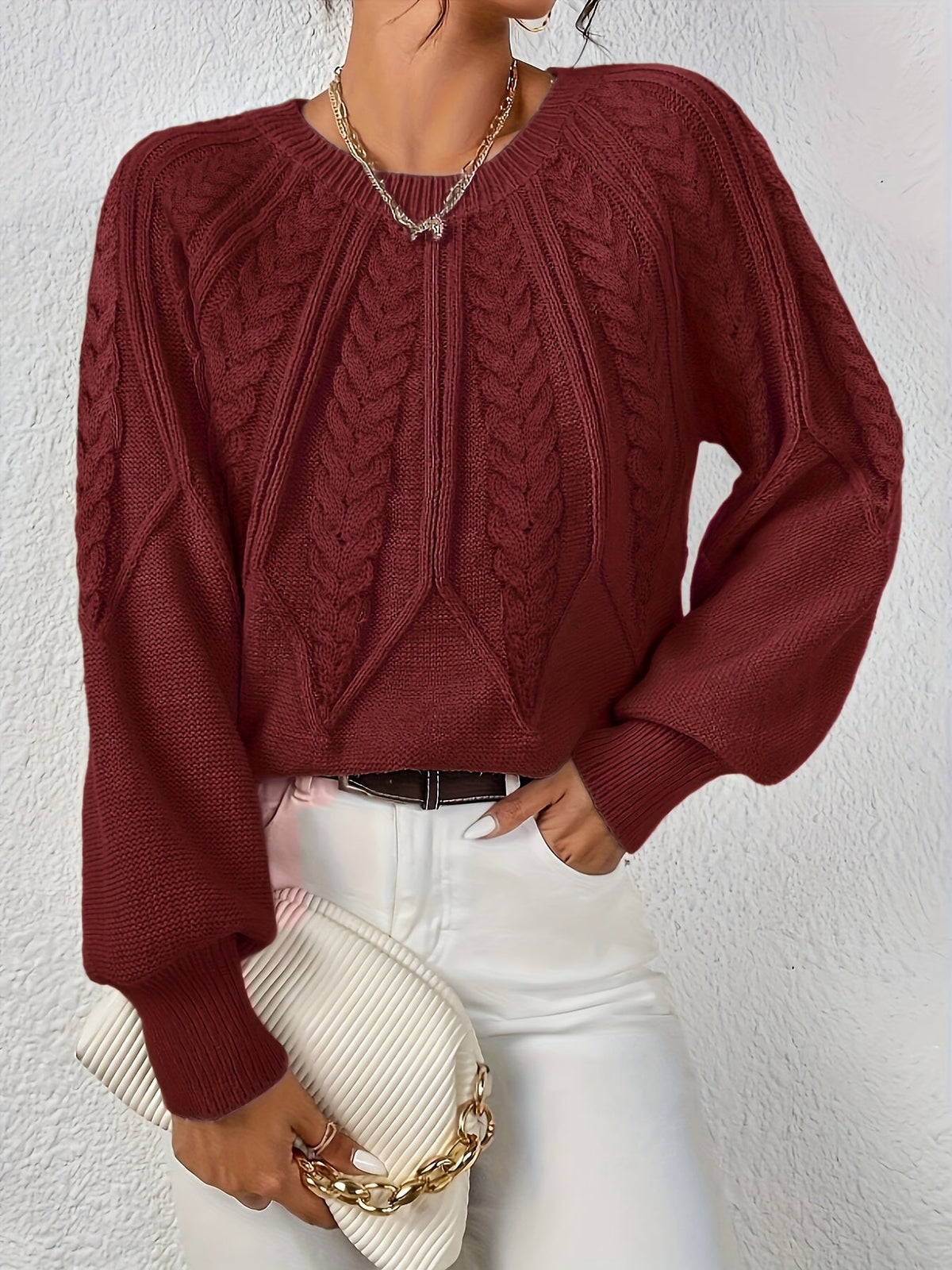 Plus Size Women's Oversized Cable Knit Sweater with Round Neck and Balloon Sleeves