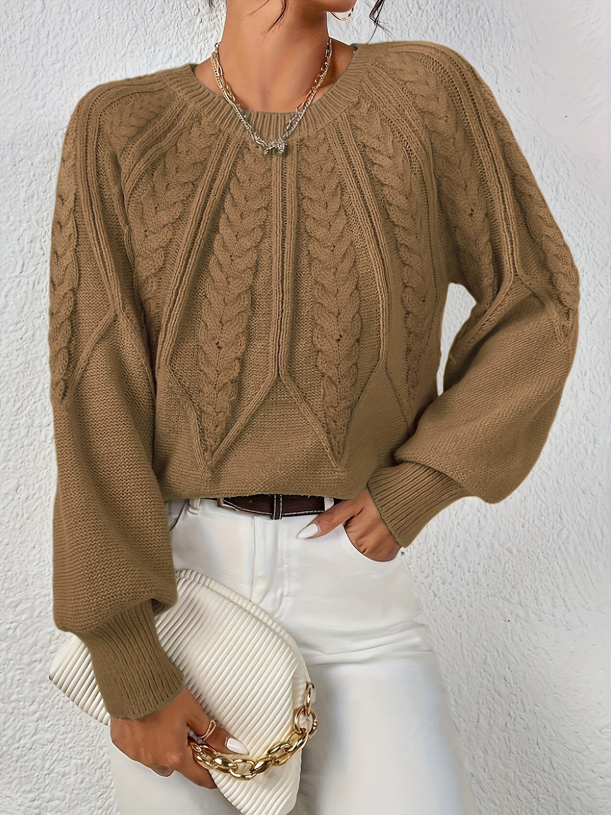 Plus Size Women's Oversized Cable Knit Sweater with Round Neck and Balloon Sleeves