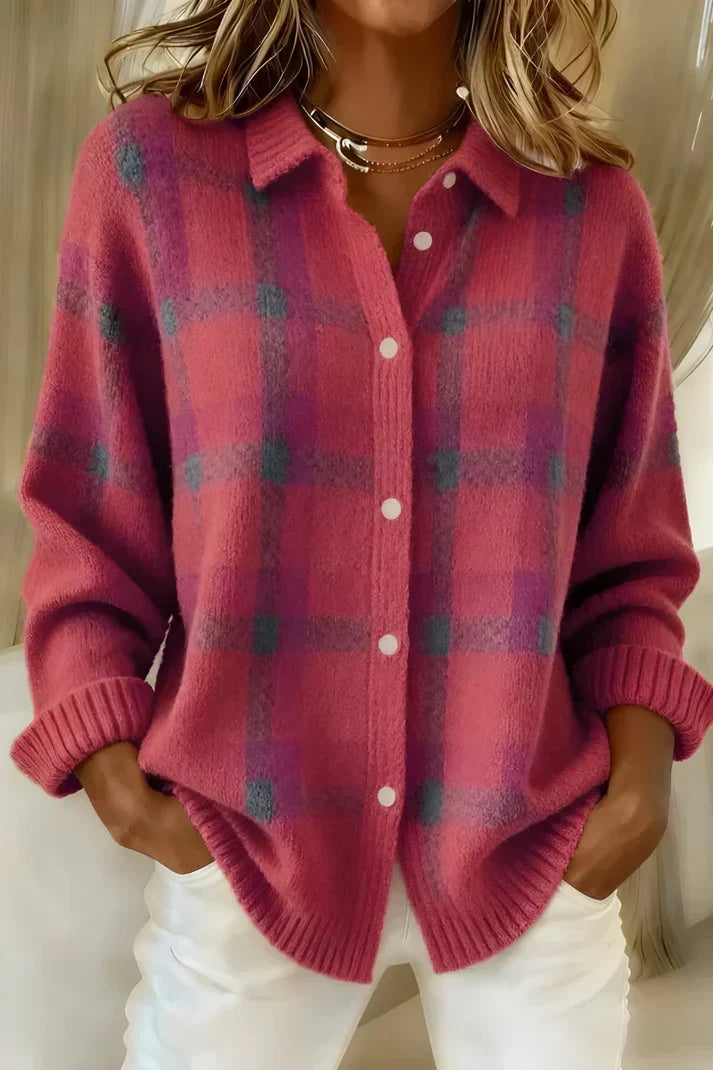 Check Pattern Women's Cardigan with Shirt Collar, Button Placket, and Ribbed Cuffs