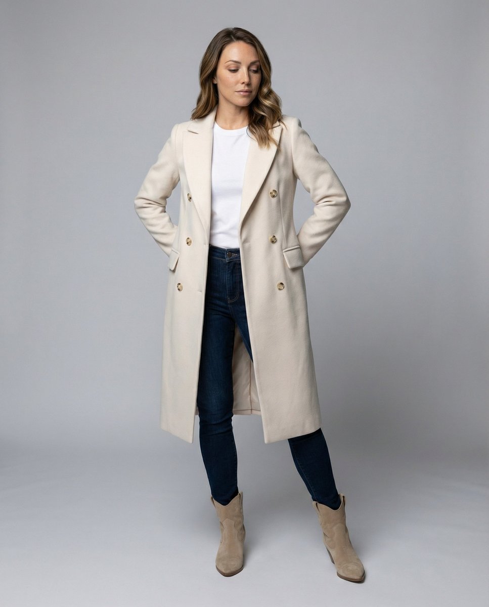 Knee-Length Women's Wool Coat featuring Notched Collar and Straight Fit