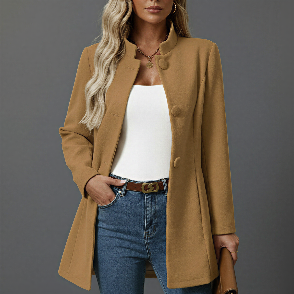 Women's A-Line Coat with Stand-Up Collar and Button Fastening