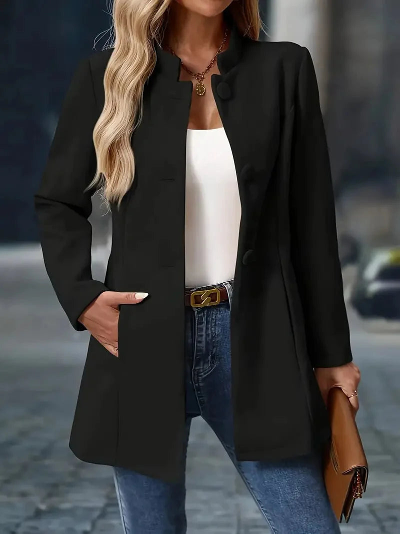 Women's Slim Fit Blazer with Stand-Up Collar and Button Closure