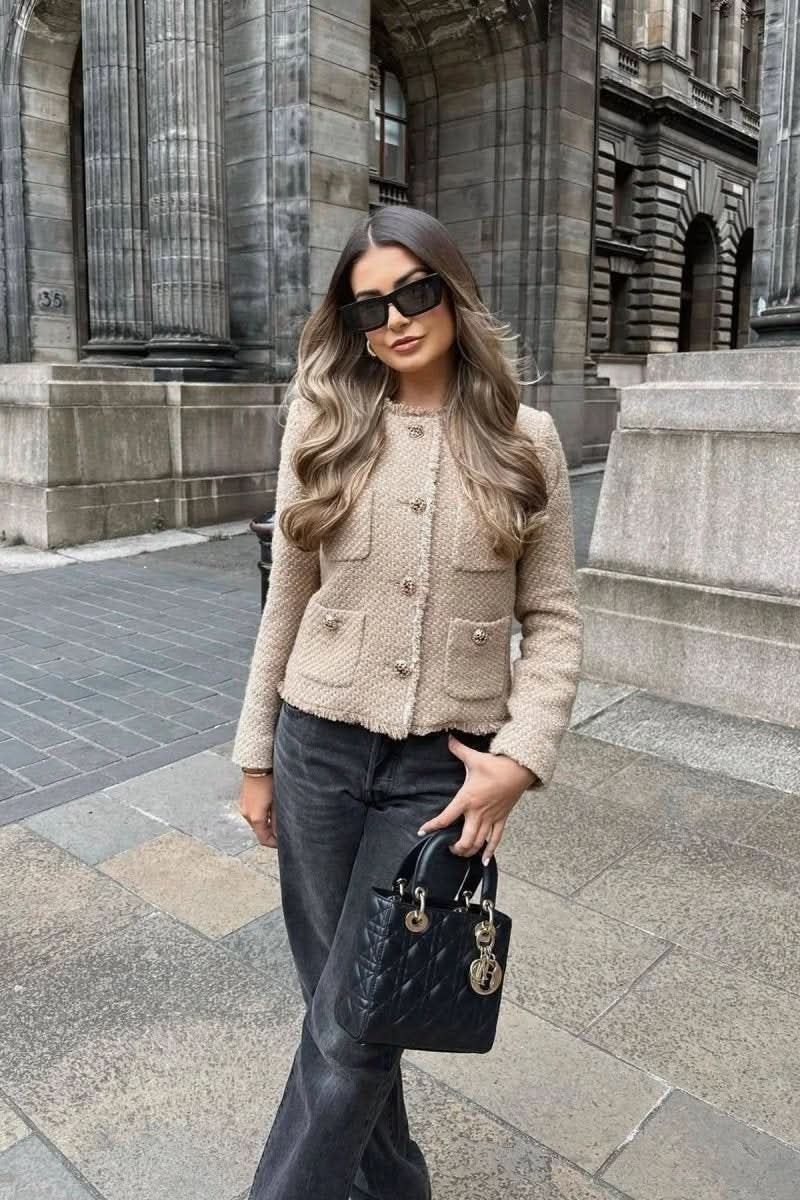 Ladies Tweed Blazer with Button Closure for a Stylish Look
