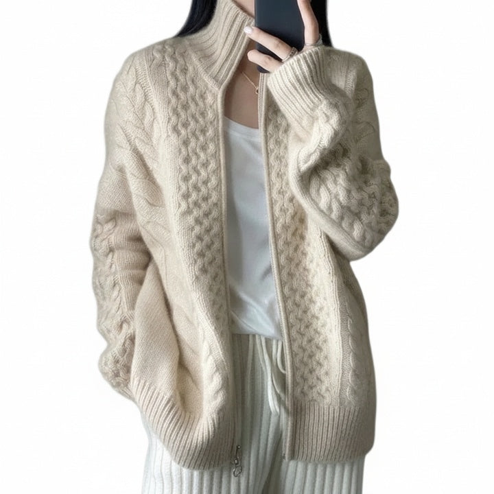 Oversized Ladies Cardigan with Stand-Up Collar and Zip Closure