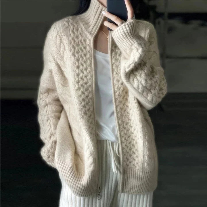 Oversized Ladies Cardigan with Stand-Up Collar and Zip Closure