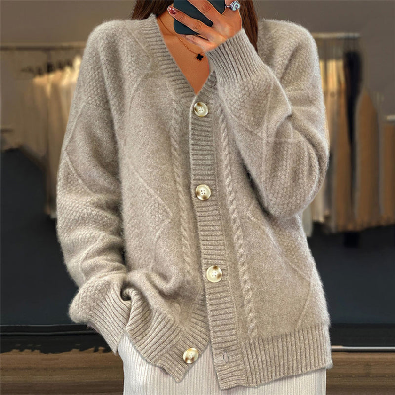 Women's V-Neck Long Sleeve Cardigan with Button Closure - Relaxed Fit