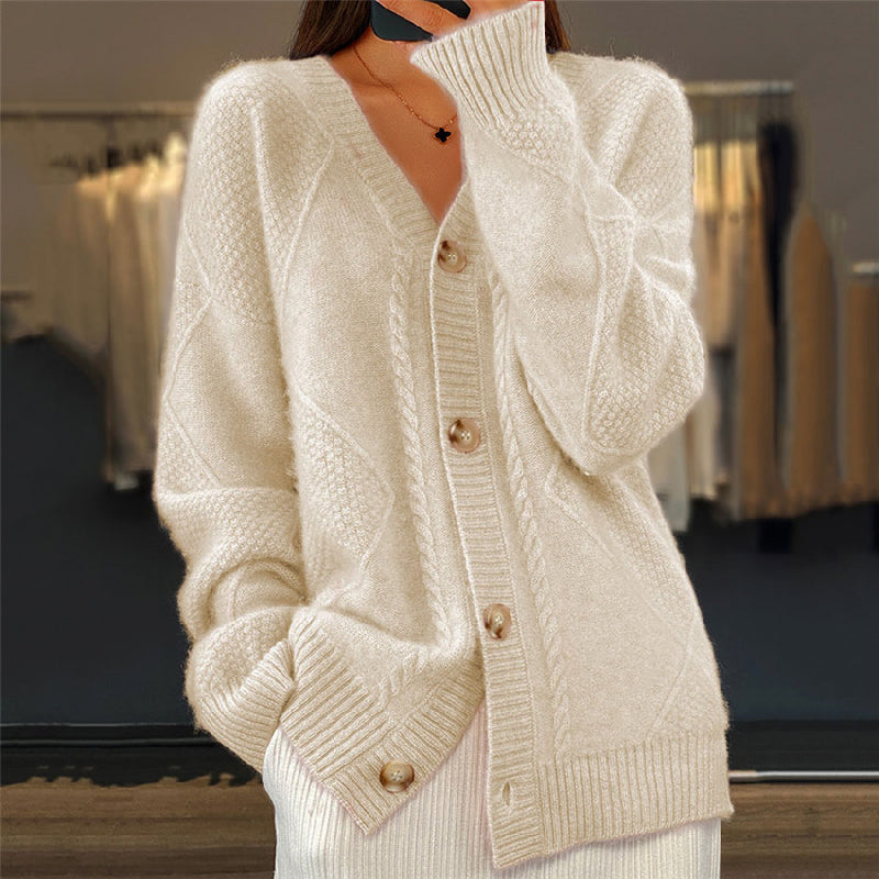 Women's V-Neck Long Sleeve Cardigan with Button Closure - Relaxed Fit