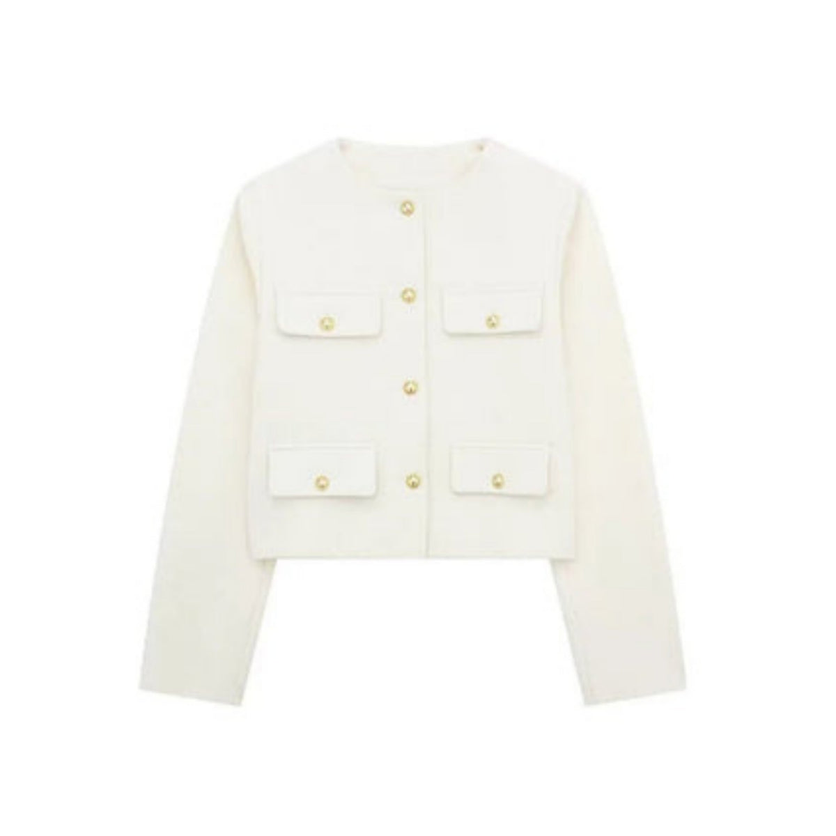 Ladies' Elegant Short Jacket with Decorative Buttons and Round Neck