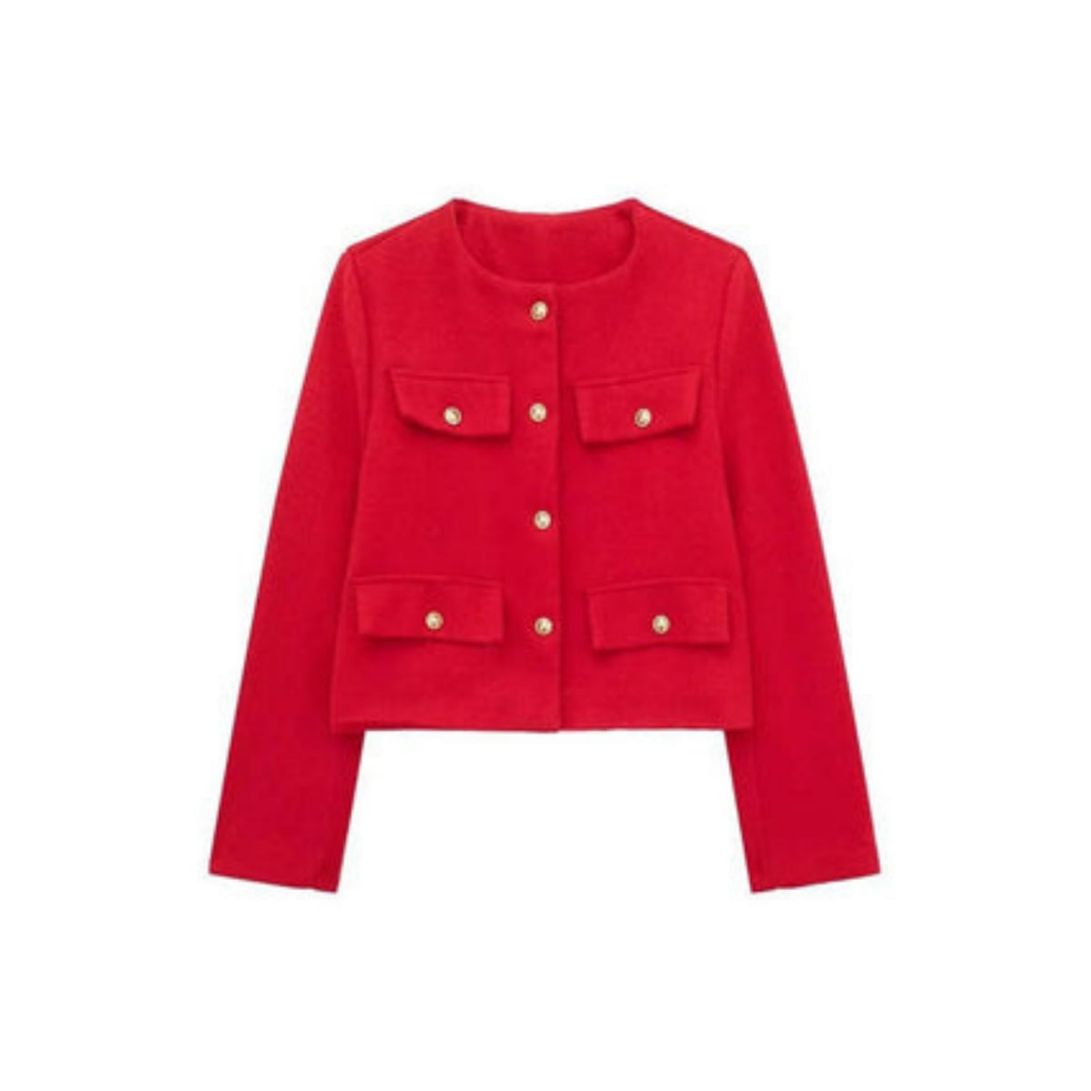 Ladies' Elegant Short Jacket with Decorative Buttons and Round Neck