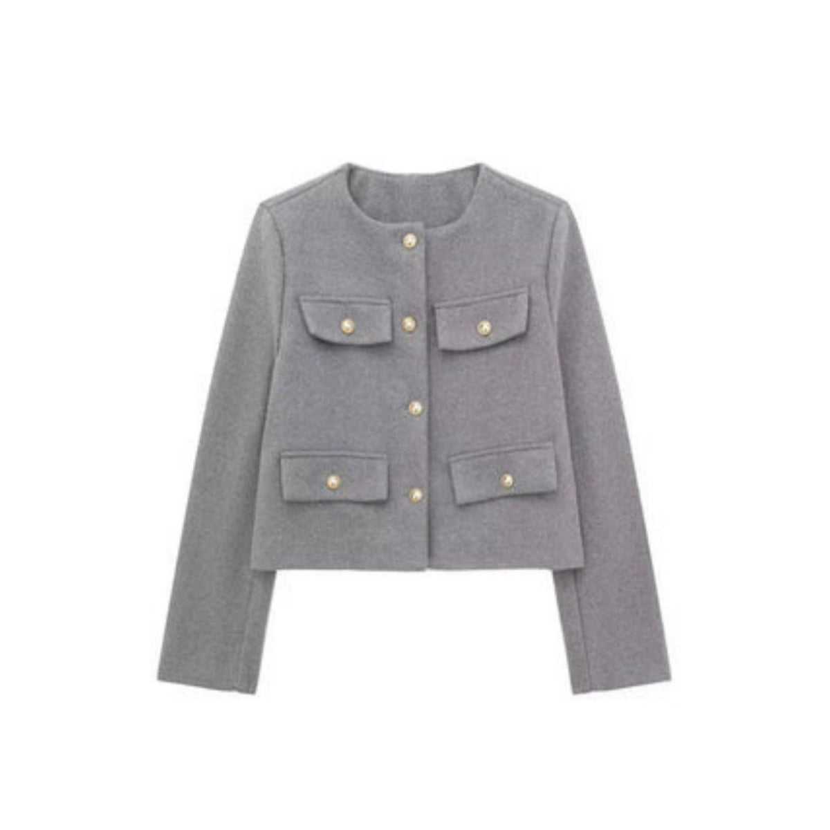 Ladies' Elegant Short Jacket with Decorative Buttons and Round Neck