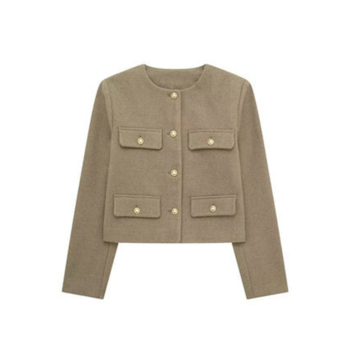 Ladies' Elegant Short Jacket with Decorative Buttons and Round Neck
