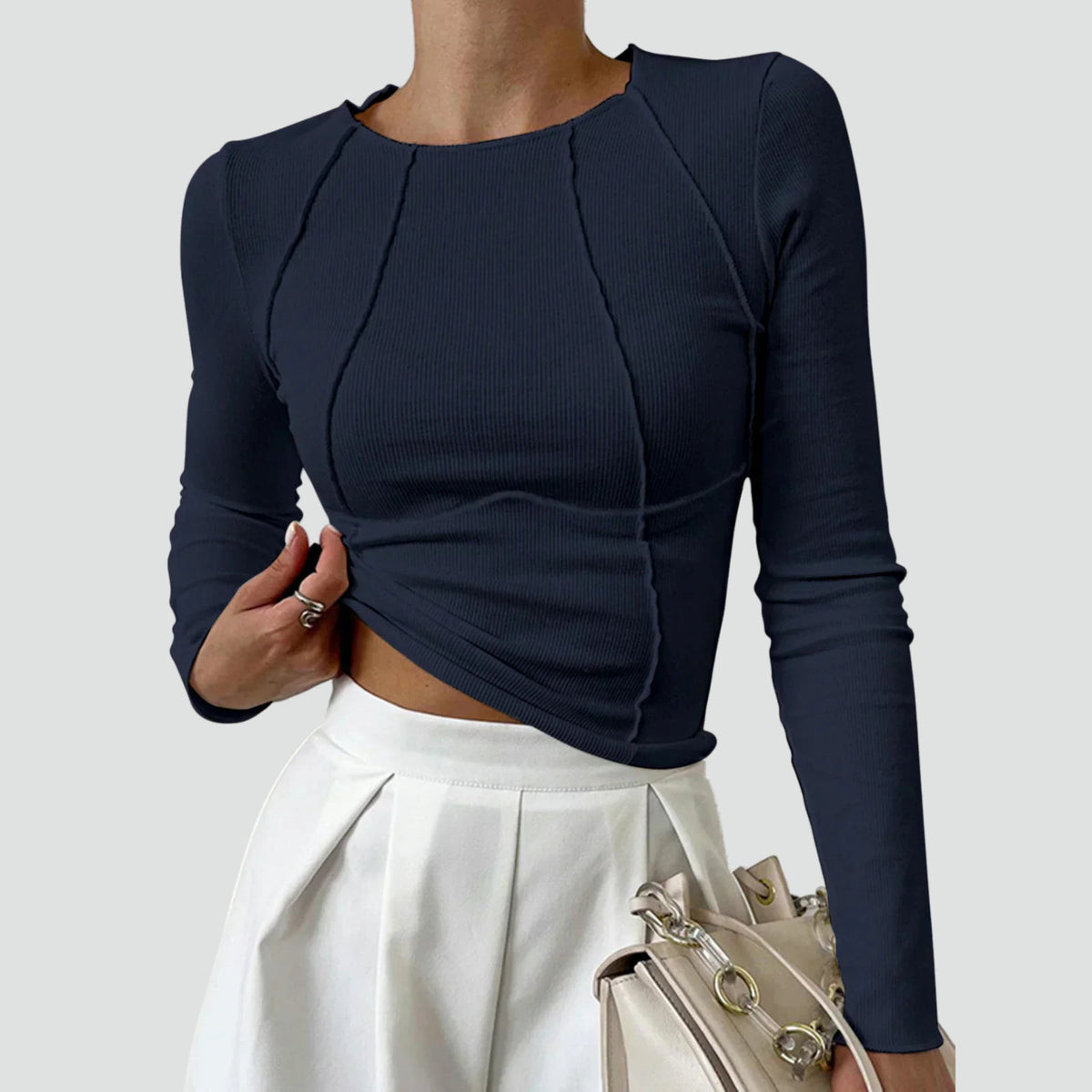 Ladies Ribbed Long Sleeve Top with Round Neck and Decorative Seams