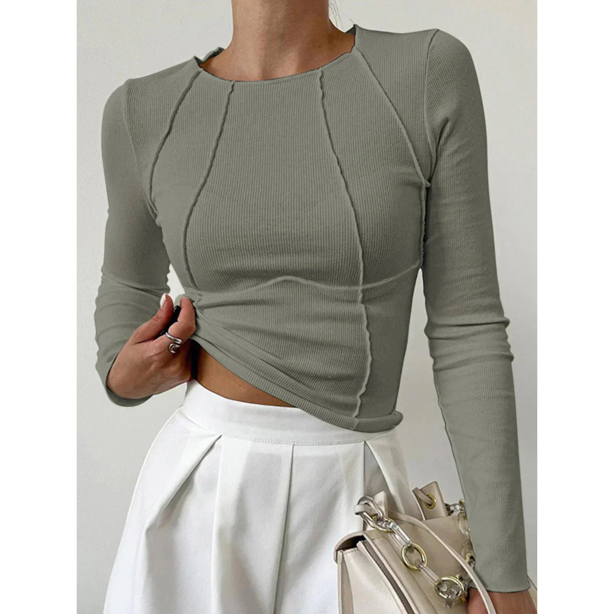 Ladies Ribbed Long Sleeve Top with Round Neck and Decorative Seams