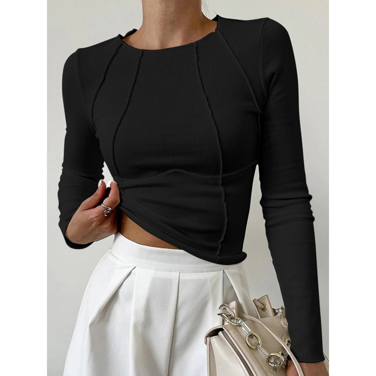 Ladies Ribbed Long Sleeve Top with Round Neck and Decorative Seams