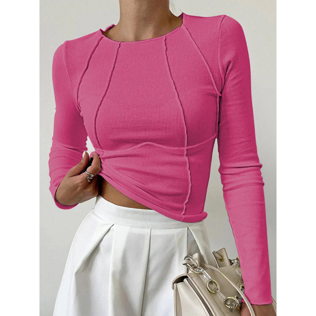 Ladies Ribbed Long Sleeve Top with Round Neck and Decorative Seams