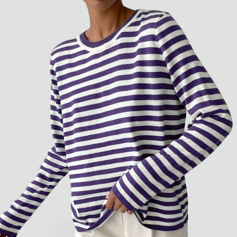 Ladies Striped Jumper with Long Sleeves and Round Neck