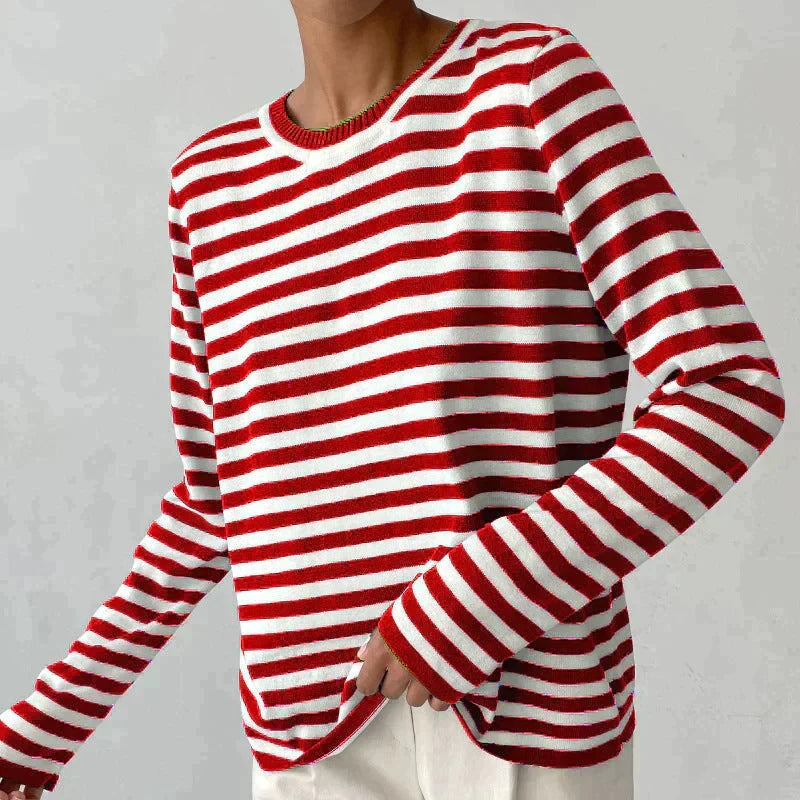 Ladies Striped Jumper with Long Sleeves and Round Neck
