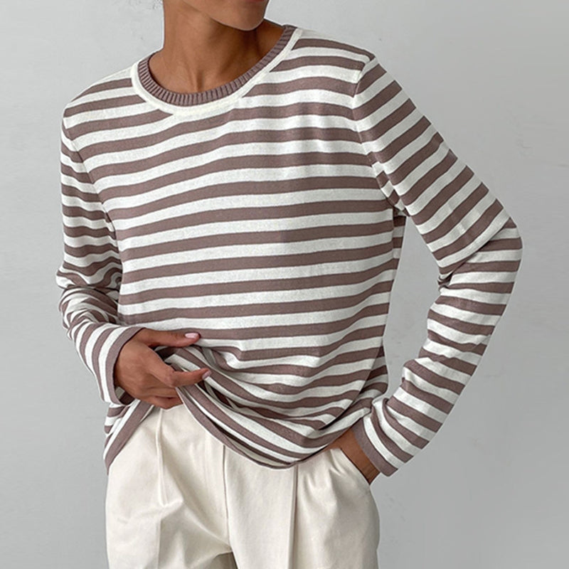 Ladies Striped Jumper with Long Sleeves and Round Neck