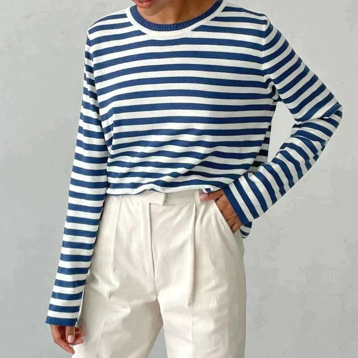 Ladies Striped Jumper with Long Sleeves and Round Neck