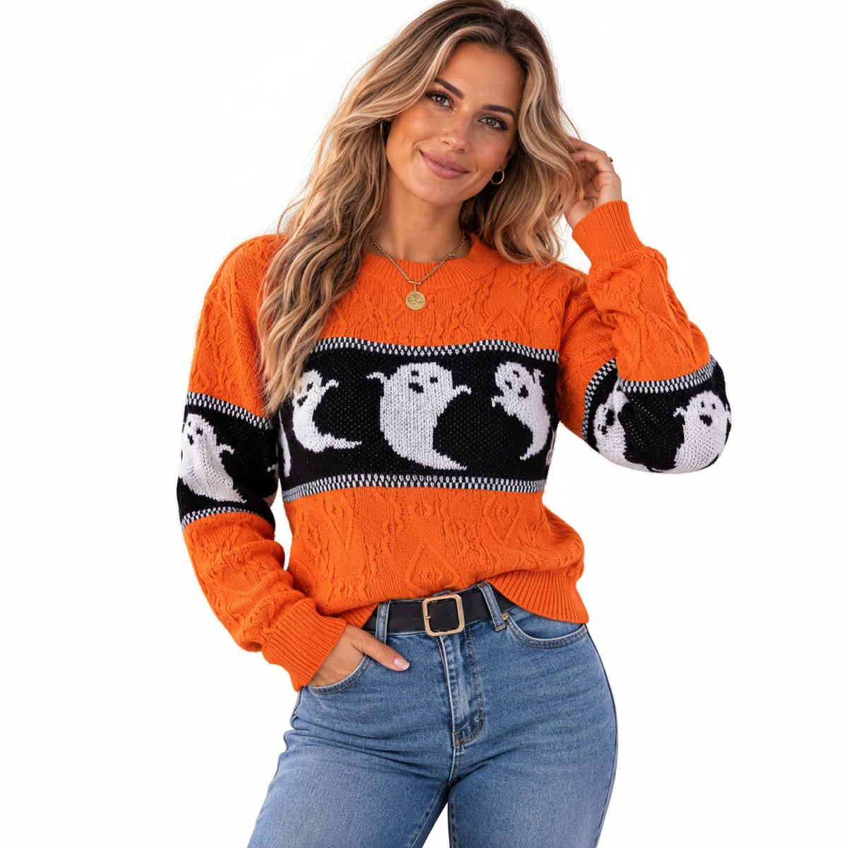 Women's Halloween Sweater with Round Neck, Ghost Design, and Long Sleeves