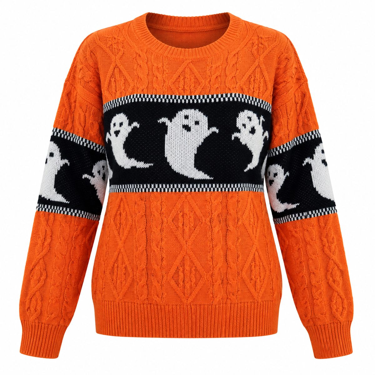 Women's Halloween Sweater with Round Neck, Ghost Design, and Long Sleeves