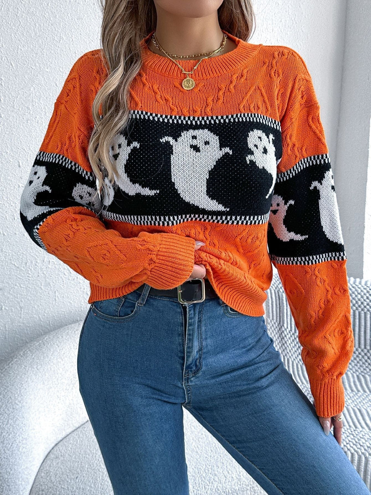 Women's Halloween Sweater with Round Neck, Ghost Design, and Long Sleeves
