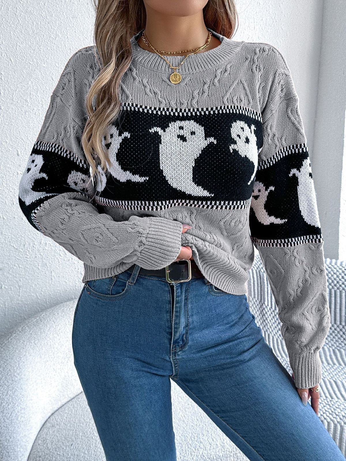 Women's Halloween Sweater with Round Neck, Ghost Design, and Long Sleeves
