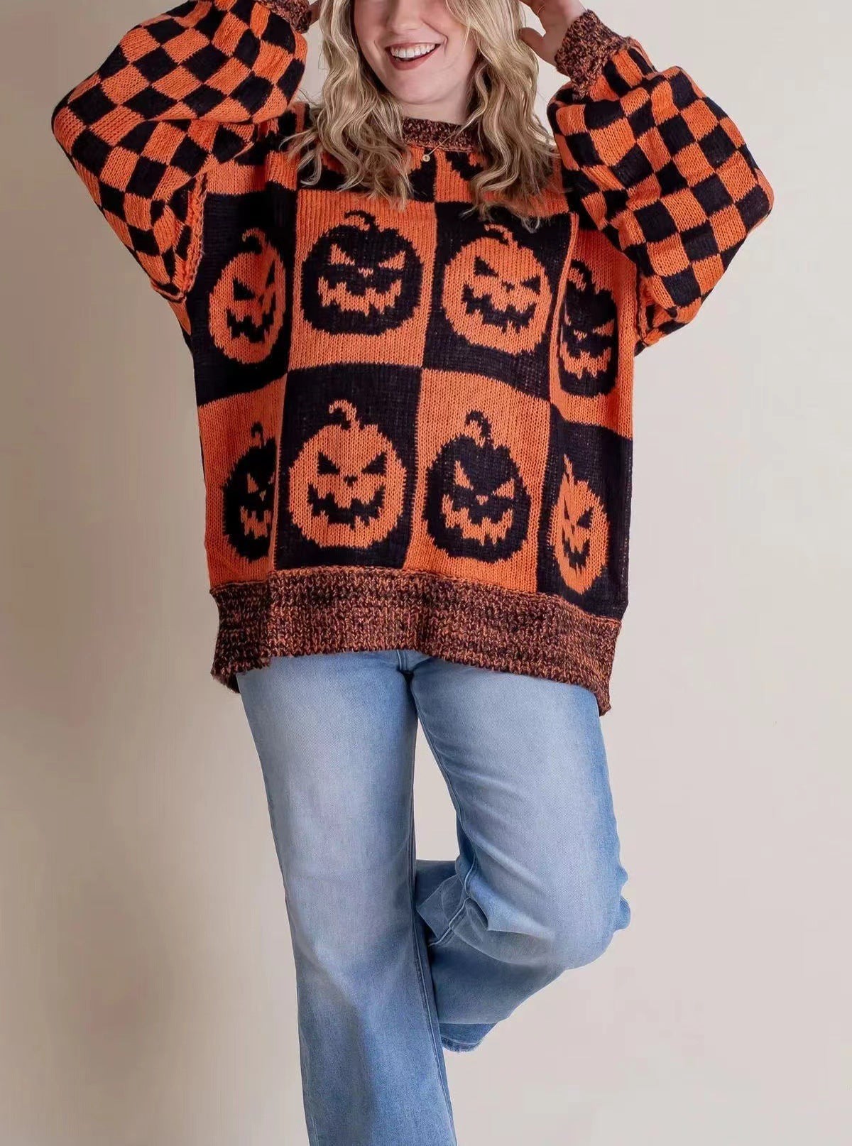 Women's Oversized Halloween Sweater with Checkered Design and Round Neck