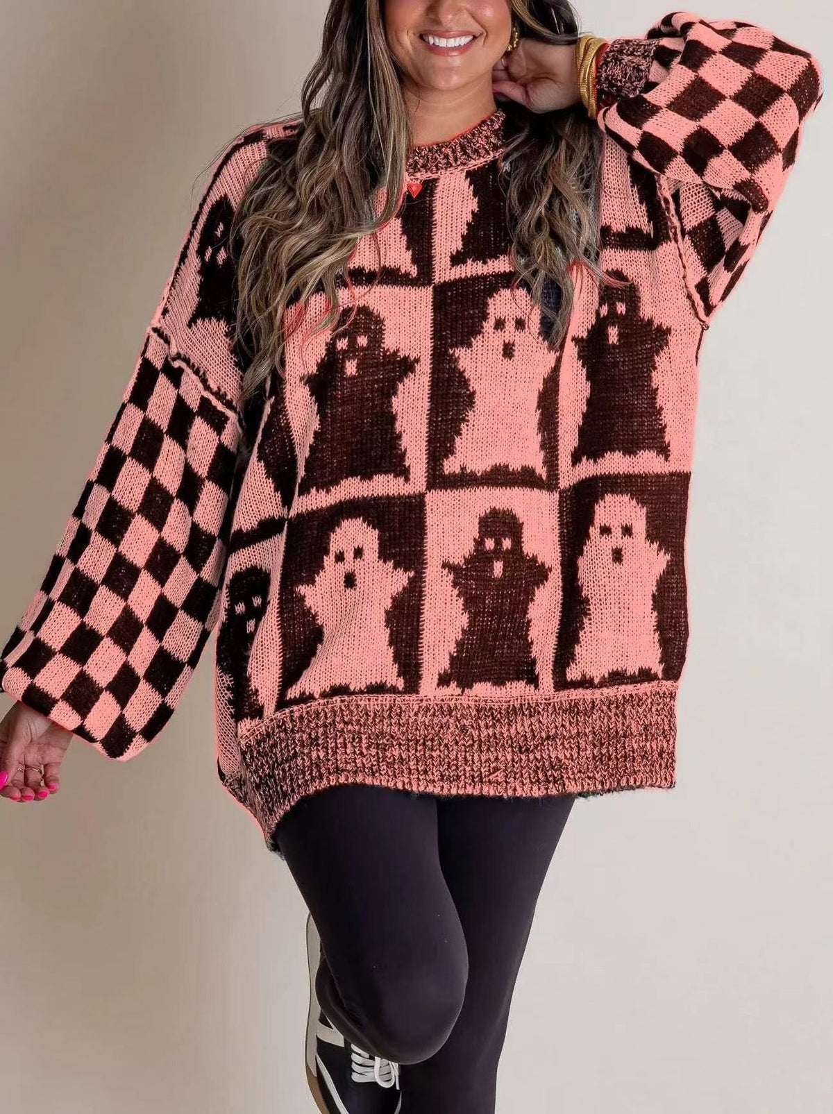 Women's Oversized Halloween Sweater with Checkered Design and Round Neck
