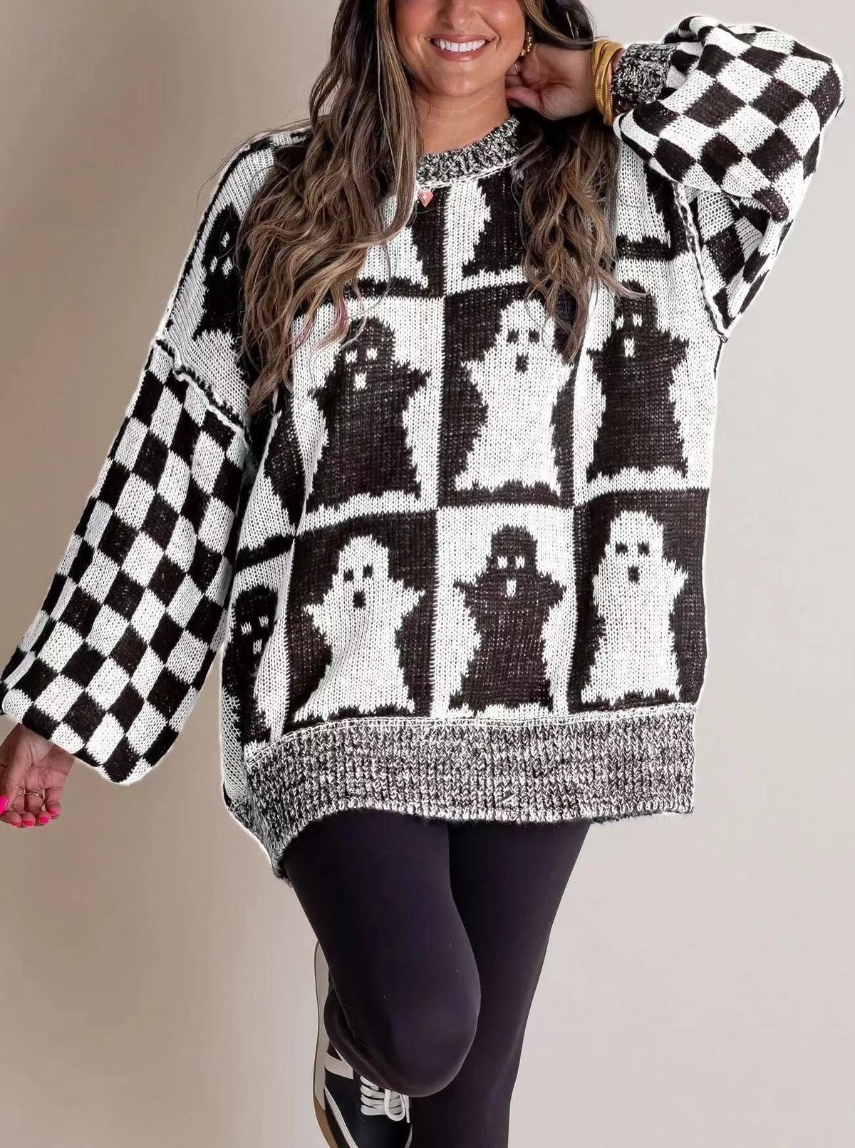 Women's Oversized Halloween Sweater with Checkered Design and Round Neck