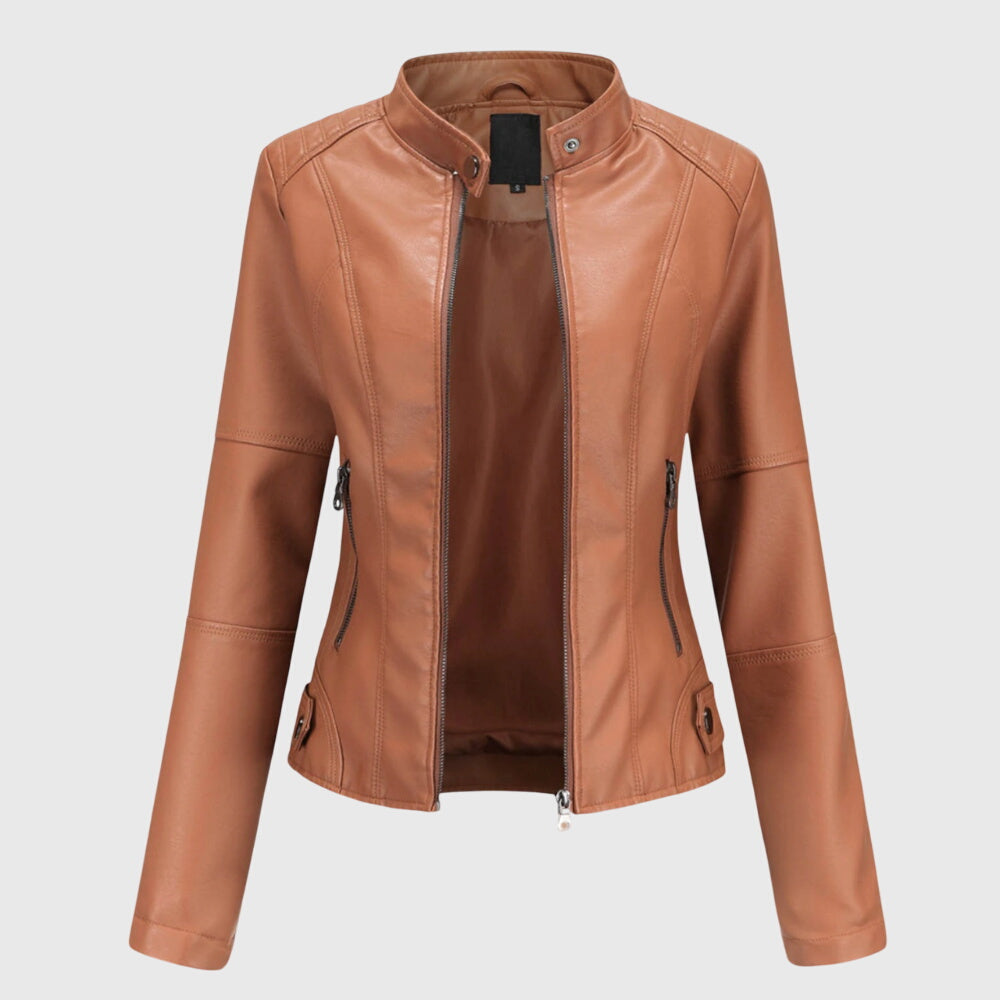 Women's Faux Leather Jacket with Stand-Up Collar and Zippered Pockets